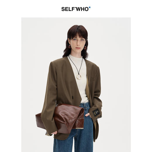 SELFWHO羊毛混纺棕色假两件西装外套女秋季2024新款宽松通勤西服 商品图1