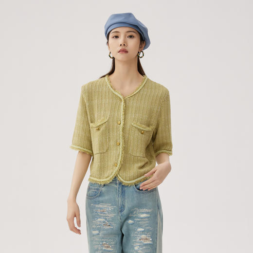 谜底针织开衫外套短袖2024秋新品小香风短款粗花呢毛衫243MZ1342 商品图0