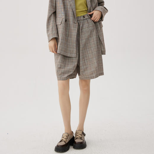 谜底格纹五分裤女士2024秋新品通勤风复古高腰透气裤子243MK1125 商品图0