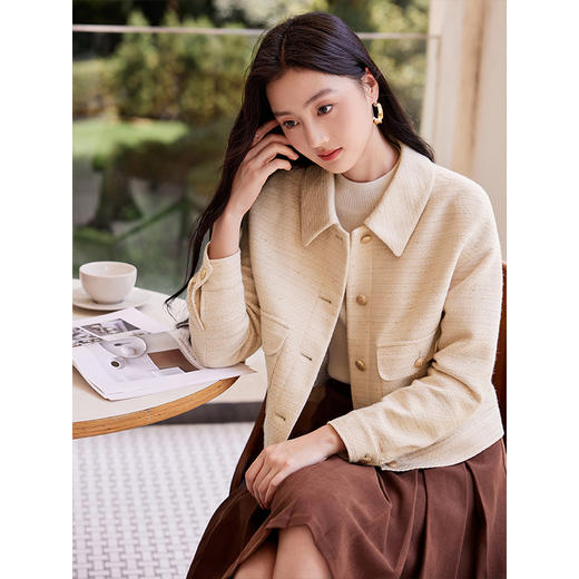 【年货节】熙世界小香风金丝粗花呢外套短款工装口袋翻领夹克上衣2025秋装 商品图1