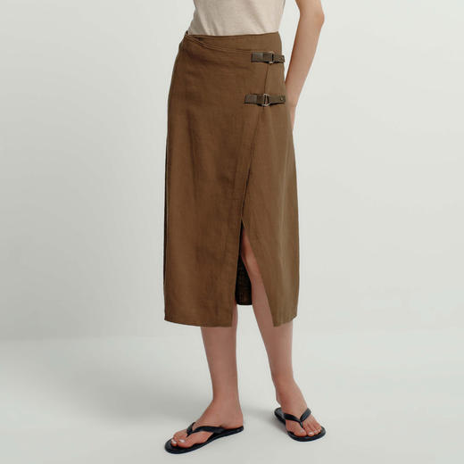 ROMI STUDIO“棕标系列”100%苎麻高腰皮质搭扣焦糖棕长款半裙Q4041 商品图3