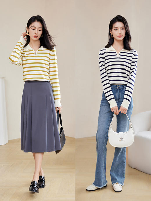 【专属特价】熙世界软糯条纹复古POLO领针织衫2025秋季新款宽松长袖套头打底上衣 商品图4