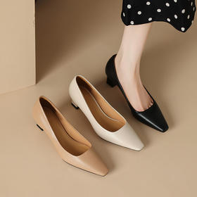 【预售5天】新款简约粗中跟小方头里外全皮浅口通勤OL工作羊皮单鞋女MLJ&A856