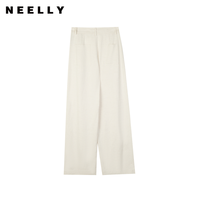NEELLY纳俪商场同款秋季新款白色直筒休闲裤女通勤简约亚麻长裤N24071H02005