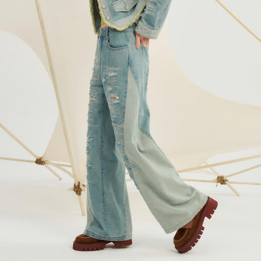 谜底牛仔阔腿裤女2024秋季新品复古风拼接水洗破洞长裤243MK1059 商品图1