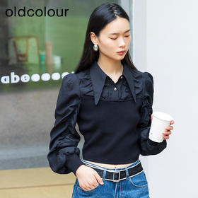 oldcolour秋季新款针织拼接衬衫女修身长袖套头上衣女P340509A1
