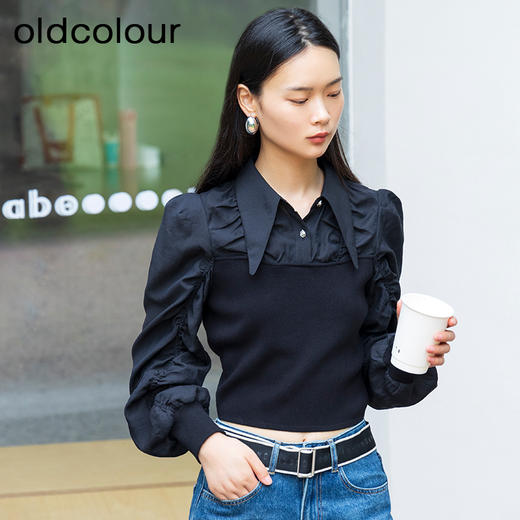 oldcolour秋季新款针织拼接衬衫女修身长袖套头上衣女P340509A1 商品图0