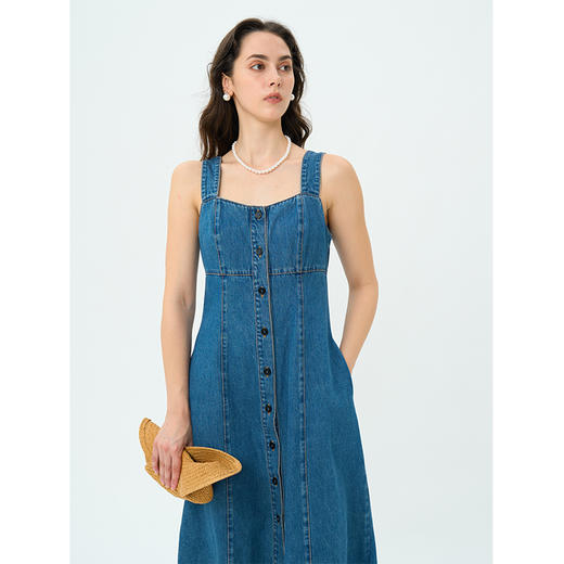 Heydress复古牛仔背带裙女春秋宽肩带A摆合体收腰时尚百搭连衣裙 商品图2