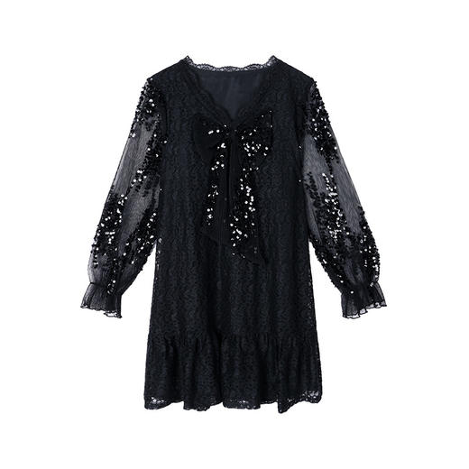 雀说黑色蕾丝连衣裙新款时尚洋气V领珠片绣蝴蝶结小个子裙AL5920 商品图4