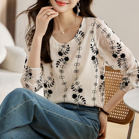 雀说新款气质植绒花朵简约宽松百搭休闲圆领套头韩版减龄上衣AL288