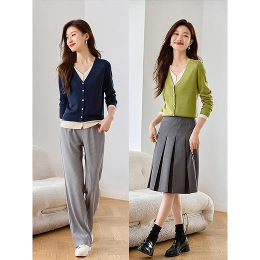 【专属特价】熙世界2025秋季新款撞色V领假两件针织衫长袖羊毛混纺软糯上衣 商品图3