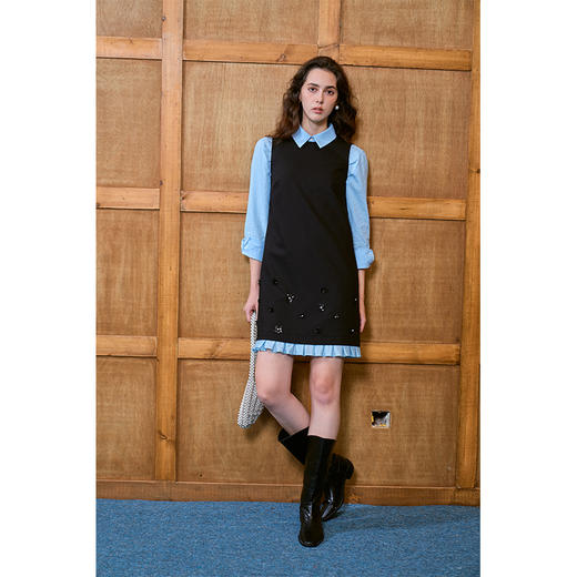 Heydress立体珠花背心裙女春秋法式复古设计感手工缝制撞色连衣裙 商品图3