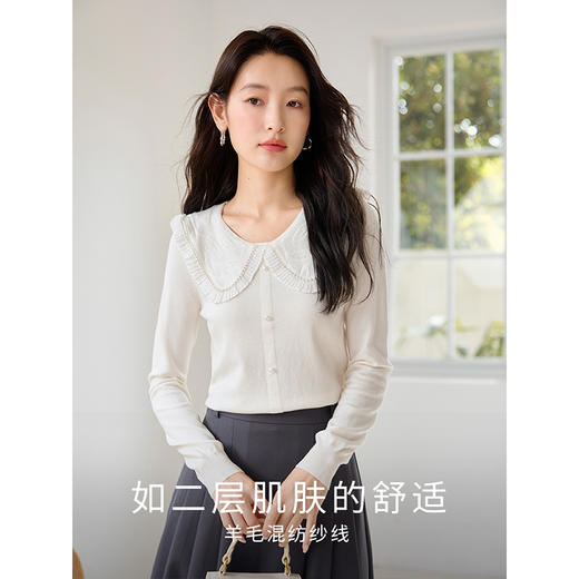 【专属特价】熙世界白色娃娃领针织衫2025秋季新款法式甜美风羊毛打底衫上衣 商品图2