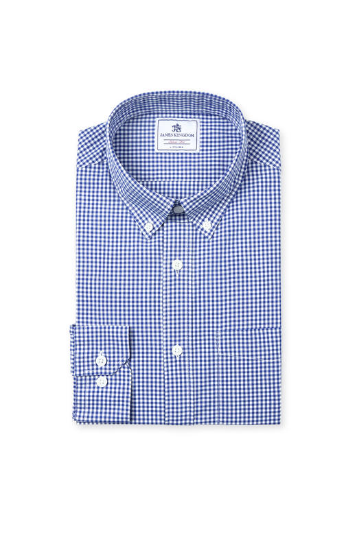 占姆士男士100%纯棉休闲商务细格蓝色长袖衬衫 商品图2