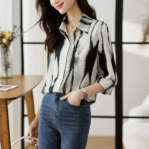 雀说混染印花衬衫新款时尚气质翻领设计感简约休闲减龄上衣AL256 商品图3