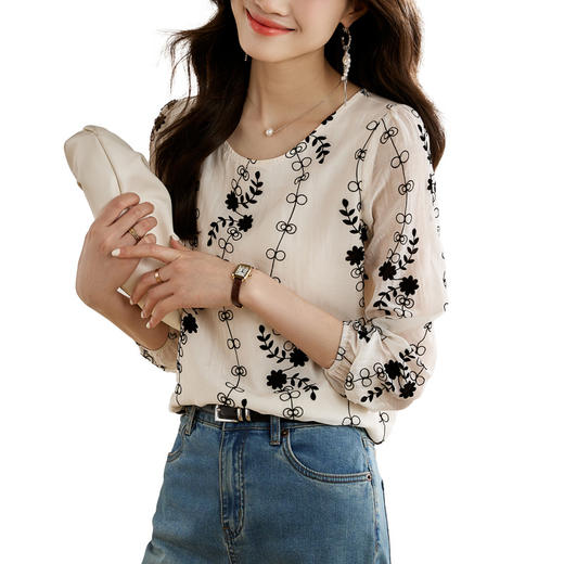 雀说新款气质植绒花朵简约宽松百搭休闲圆领套头韩版减龄上衣AL288 商品图4