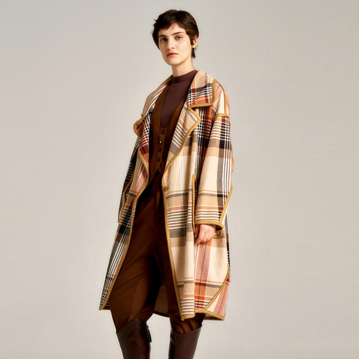 谜底格子长款风衣女士2024秋新品复古风时髦大口袋外套243ME1130 商品图1