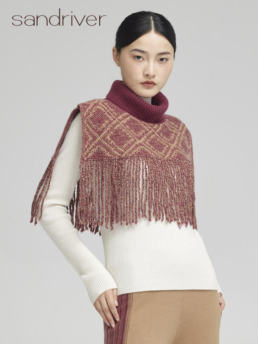 青海羊绒针织提花流苏斗篷式披肩SJF96W327N 商品图4