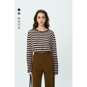 HeyDress绵羊毛条纹针织衫女秋季复古圆领慵懒感罩衫宽松长袖上衣