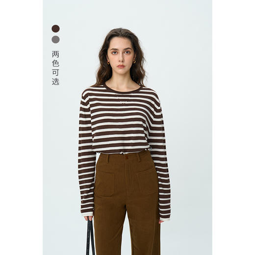 HeyDress绵羊毛条纹针织衫女秋季复古圆领慵懒感罩衫宽松长袖上衣 商品图0