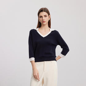 【七分袖V领针织衫】24年秋冬女士新品100%绵羊毛黑白撞色针织套衫