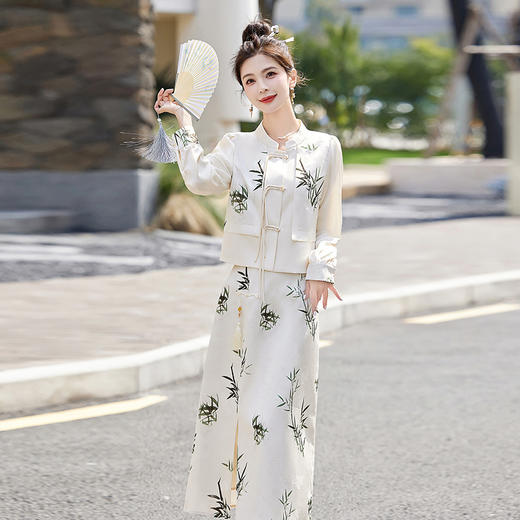 新中式国风套装裙，轻奢气质改良旗袍印花盘扣两件套HR-YWY8931 商品图3