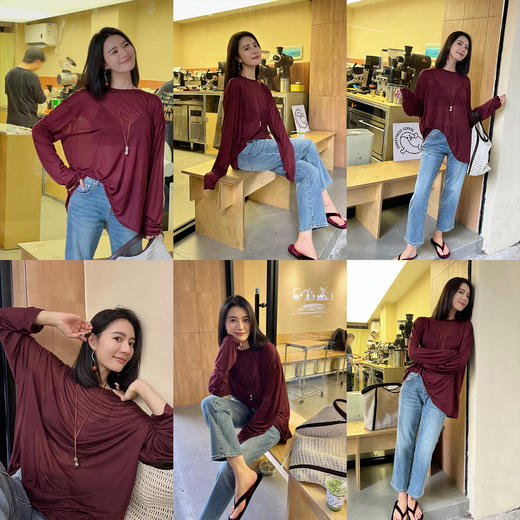 HIDEMI凉感超薄清透皮肤衣系列圆领oversize宽松慵懒长袖面膜T恤 朱红色/豆沙灰绿/烟草灰/深藏青/自然白 商品图3