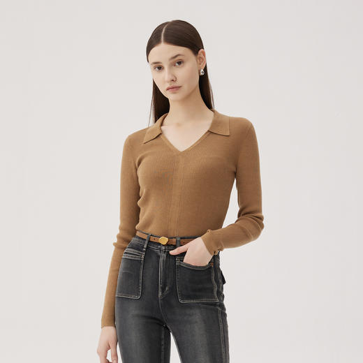 谜底套头针织衫长袖女士2024秋季新品极简风V领修身毛衣243MZ1275 商品图0