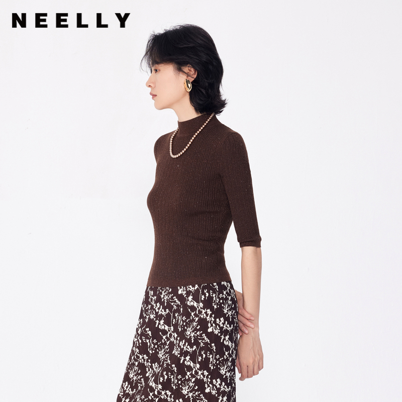 NEELLY纳俪商场同款早秋新款7分袖半高领针织衫女修身打底衫上衣N24081A01068