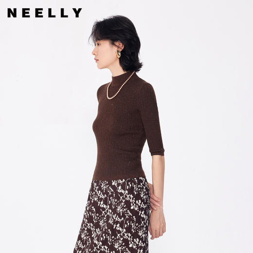 NEELLY纳俪商场同款早秋新款7分袖半高领针织衫女修身打底衫上衣N24081A01068 商品图0