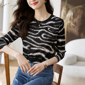 雀说波浪纹T恤新款时尚洋气圆领宽松斑马纹显瘦百搭上衣AL26