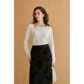 HeyDress新中式盘扣针织衫女春秋全羊毛单肩吊带镂空宽松短款上衣