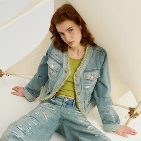 谜底牛仔外套女2024秋季新品小香风磨破特色短款牛仔服243MW1064