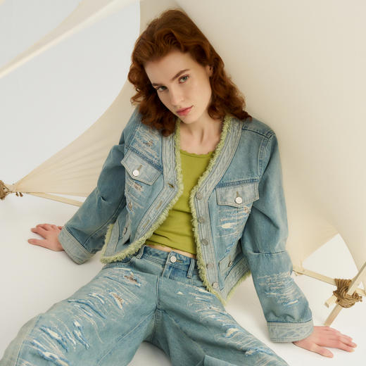 谜底牛仔外套女2024秋季新品小香风磨破特色短款牛仔服243MW1064 商品图0