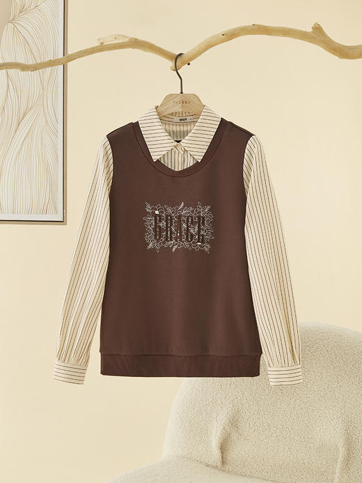 【年终特卖】熙世界美德拉风条纹衬衫领上衣拼接刺绣假两件卫衣2025秋装新款 商品图3