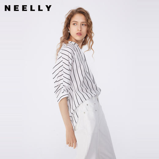 NEELLY纳俪商场同款早秋新款莱赛尔面料中袖衬衫女条纹通勤上衣 商品图0
