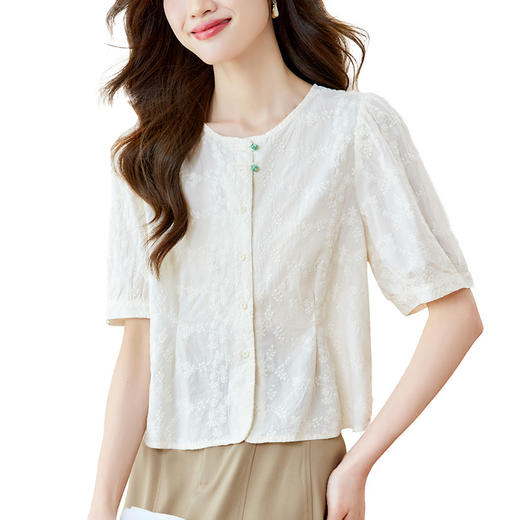 雀说圆领刺绣国风盘扣衬衫女新款轻熟风衬衣AL44191 商品图4
