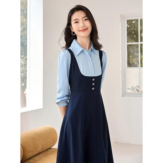 【1件72折】熙世界学院风假两件衬衫连衣裙2025秋装新款通勤气质收腰中长裙 商品图1