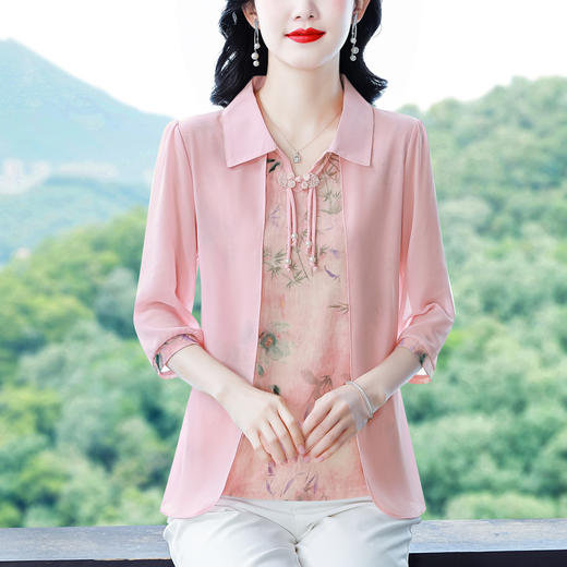 雀说新款时尚洋气翻领拼接假两件宽松七分袖上衣AL262 商品图6