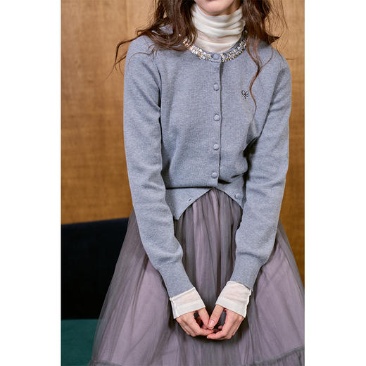 HeyDress亮片针织开衫女秋冬复古圆领爱心刺绣毛衣设计感气质上衣 商品图2