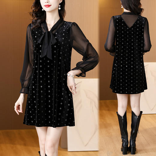 雀说新款时尚洋气V领系带丝绒拼接宽松减龄中裙AL5919 商品图3