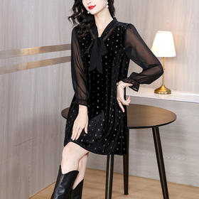 雀说新款时尚洋气V领系带丝绒拼接宽松减龄中裙AL5919