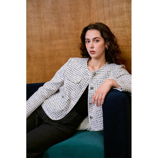 Heydress肌理感香风外套女秋季经典简约花纱金属扣箱型短款上衣 商品图2