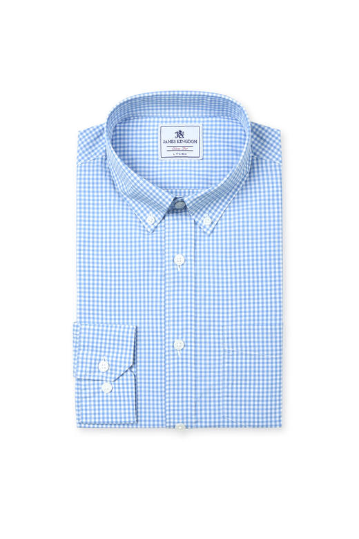 占姆士男士100%纯棉休闲商务细格蓝色长袖衬衫 商品图1