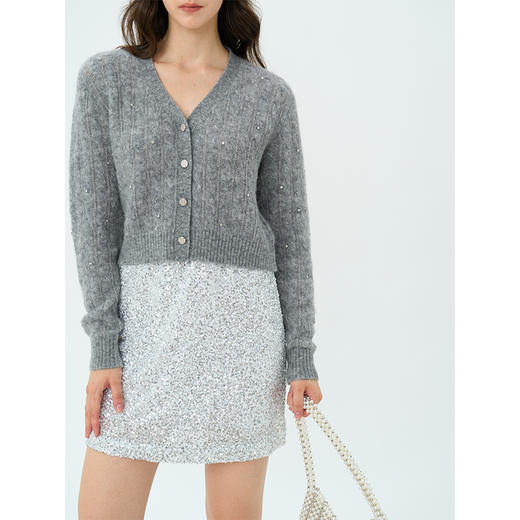 HeyDress马海毛钉钻针织开衫女秋冬法式v领宽松慵懒温柔气质上衣 商品图1