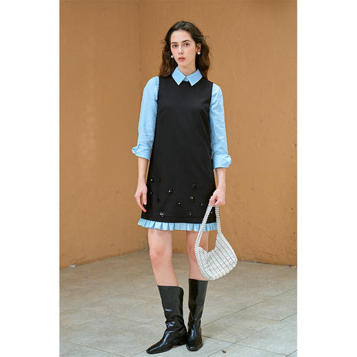 Heydress立体珠花背心裙女春秋法式复古设计感手工缝制撞色连衣裙 商品图1