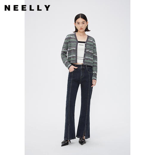 NEELLY纳俪商场同款V领长袖针织开衫女秋季单排扣通勤时尚薄外套 商品图0