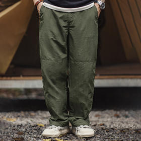 工装优选美式复古绗线褶皱双膝裤薄款抽绳束脚军绿直筒休闲裤男秋