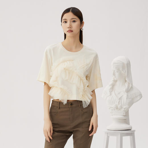 谜底短T恤短袖女2024秋季新品百搭立体网纱拼接宽松上衣243MT1202 商品图0