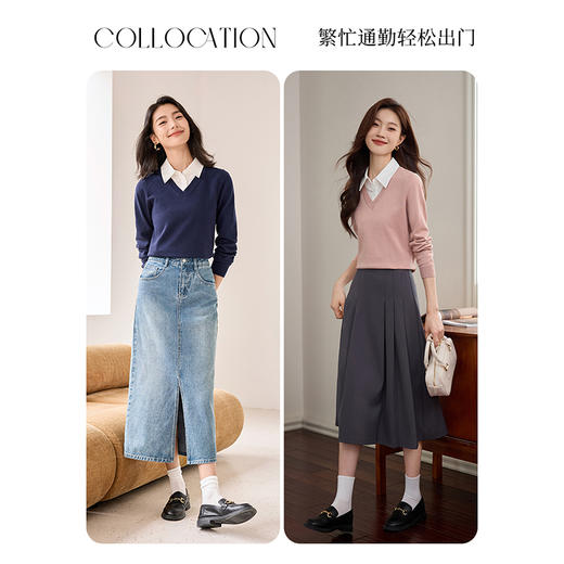 【专属特惠】熙世界学院风假两件上衣女2025春秋款长袖衬衫领拼接打底针织衫 商品图4